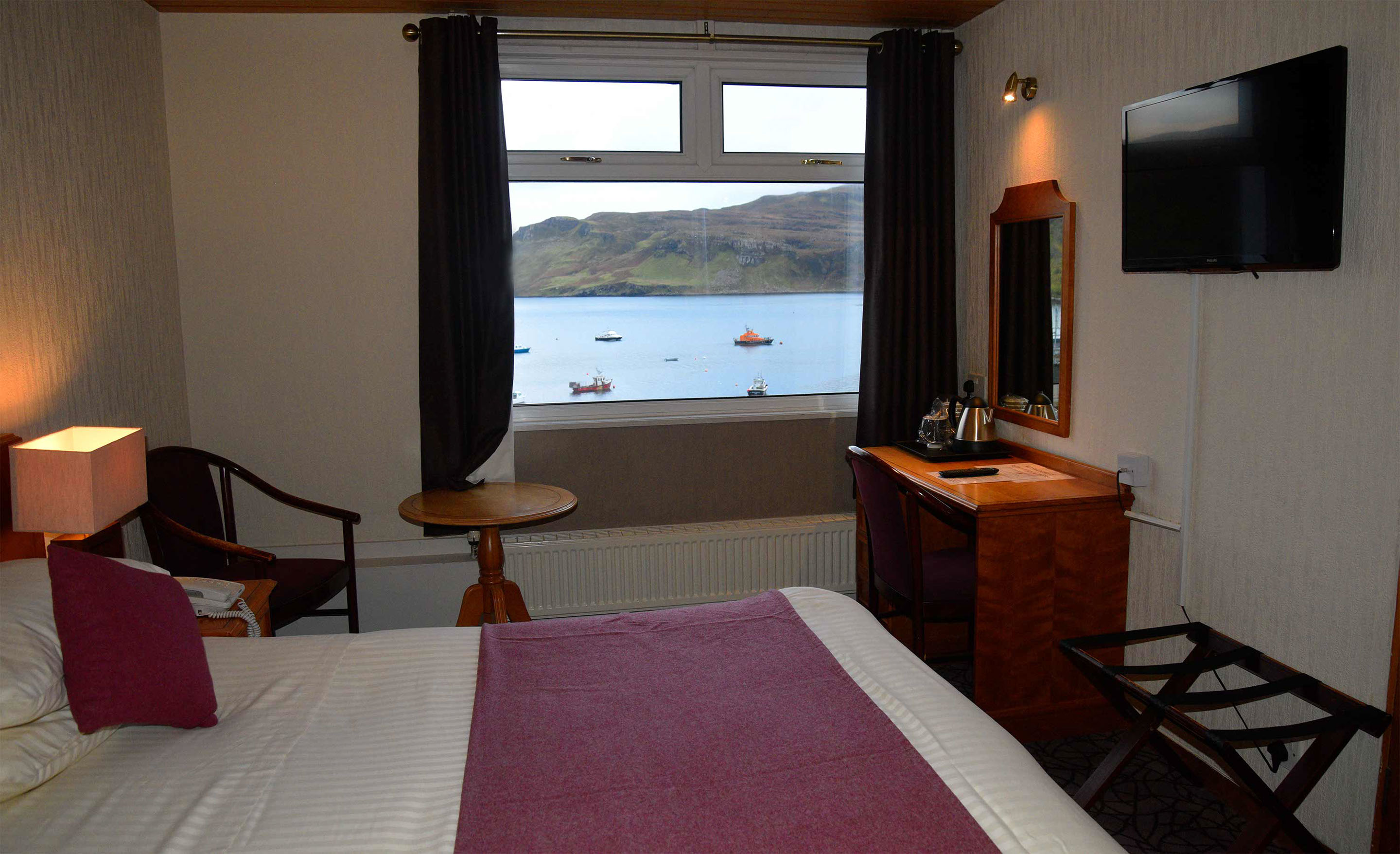 Stunning double room hotel sea views at The Royal Hotel in Portree with Freeview TV and WIFI internet access